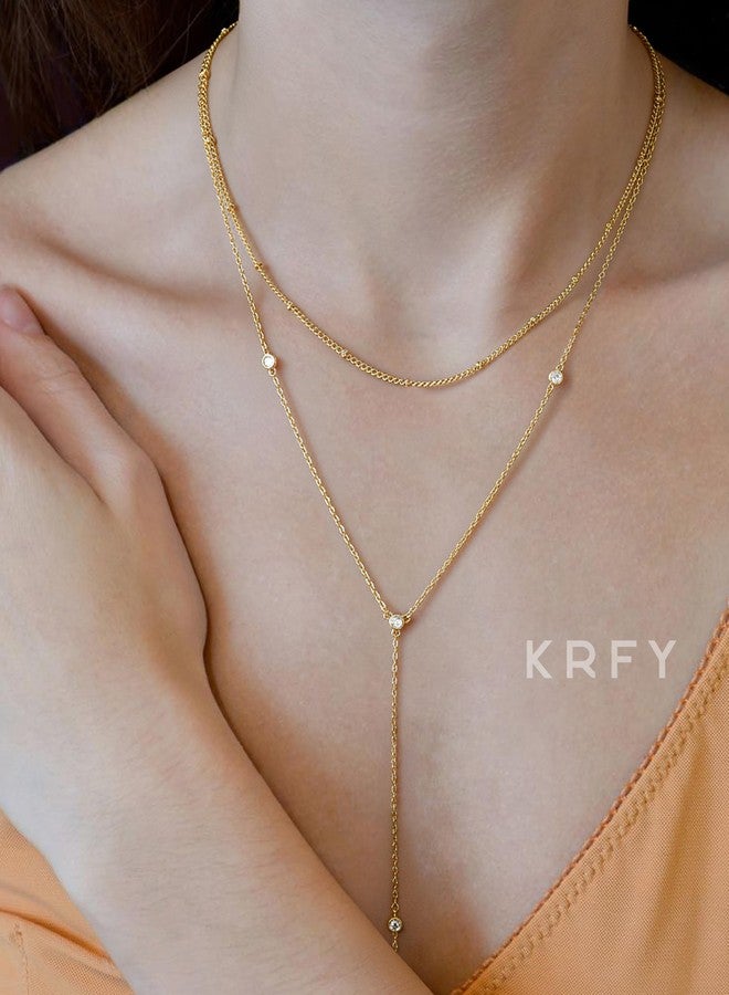 Krfy Lariat Long Necklace for Women, 16K Plated Gold Necklace for Women Dainty, Drop Necklace, Y-Shaped CZ Layered Necklaces, Adjustable Chain Jewelry - Image 3